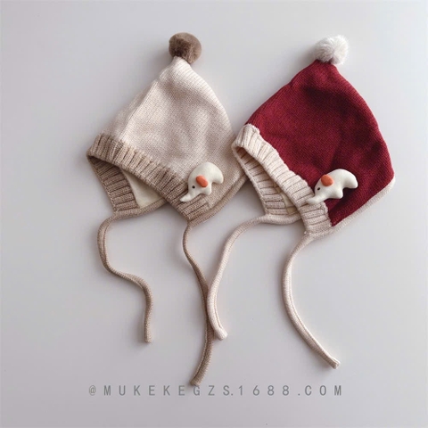 TL - Mũ quả bông buộc dây đính voi(6-24M)