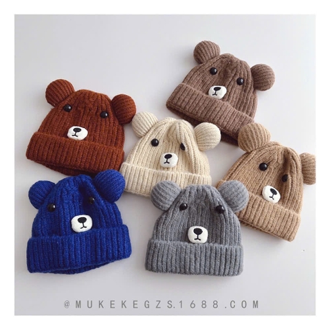 TL - Mũ len mặt gấu 2 quả bông(1-3Y)