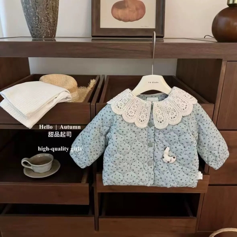 TL - Áo phao xanh hoa nhí cổ len bèo(80-140)