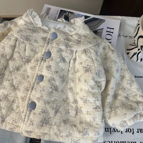 TL - Áo khoác chần bông hoa nhí xanh cổ ren trắng(80-140)