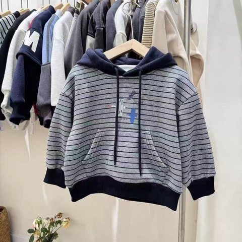 TL - Áo Hoodie nỉ ghi kẻ xanh túi bụng(90-130)