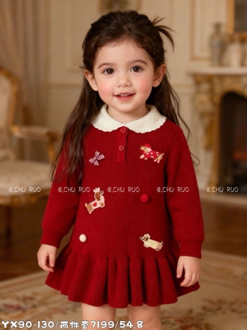 LB - Váy len đỏ đính cún nơ cổ sen(5-13)