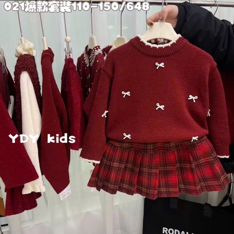 LB - Set áo len đỏ đính nơ+ CV dạ kẻ đỏ(110-150)