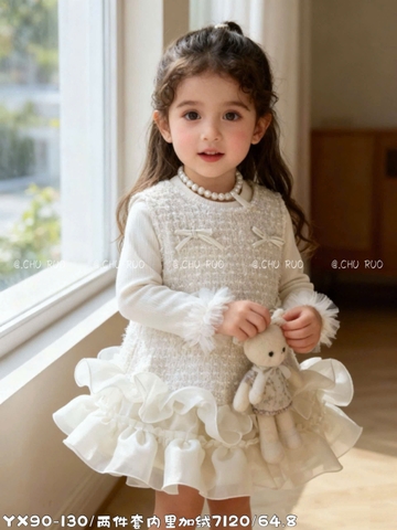 LB -Set áo len+váy dạ kem đính nơ(90-130)