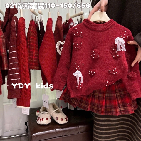 LB - Set áo len tim nổi nơ trắng + CV dạ kẻ đỏ(110-150)