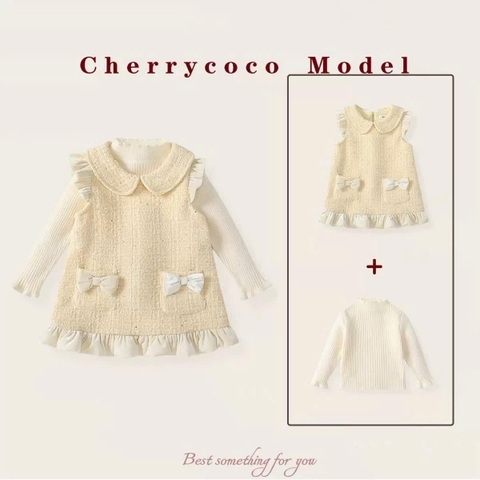 LB - Set váy dạ tweet viền bèo nhung be cổ sen(90-140)