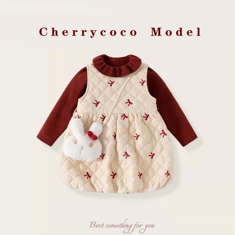 LB - Set áo len đỏ+váy 3 lỗ chần bộng be nơ+túi thỏ(90-140)