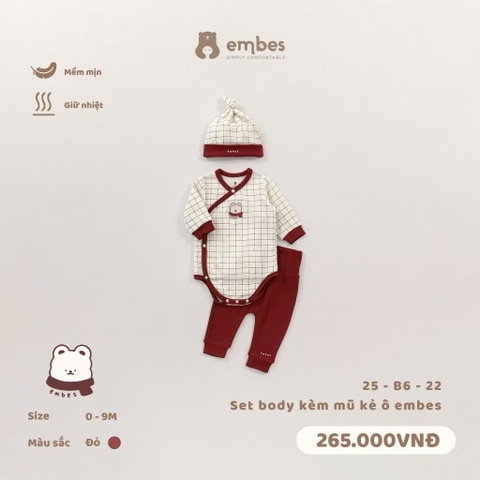 EMBES - Set body kèm mũ kẻ ô Embes(0-9M)