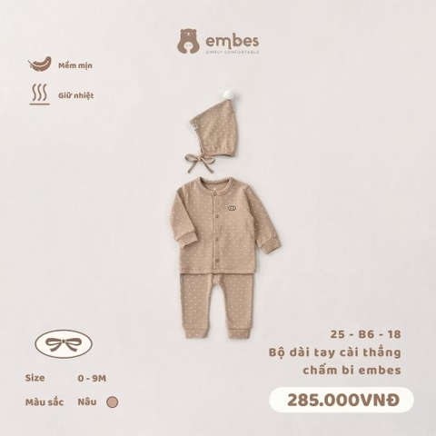 EMBES - Bộ dài tay cài thẳng chấm bi Embes(0-9M)
