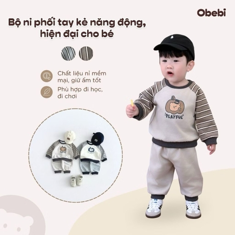 OBEBI - Bộ nỉ phối tay kẻ hình in bí ngô OBEBI(73-120)