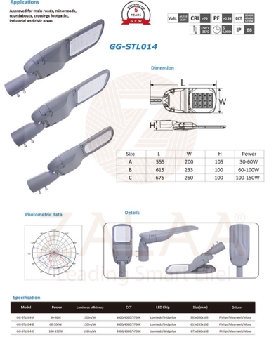 Đèn Đường LED OEM Philips Meanwell 100W, 120W, 150W, 200W Mã sản phẩm GG-STL014 ZALAA