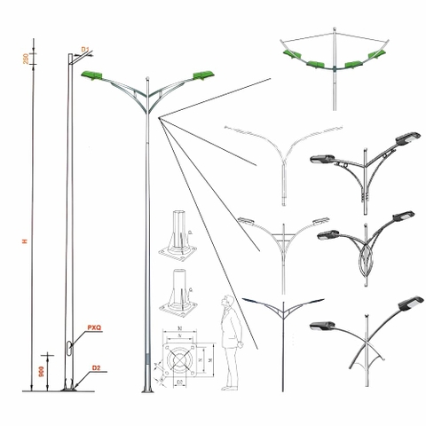 Cột Đèn Cao Áp Chiếu Sáng Rời Cần Đôi cao từ 6m đến 12m loại Tròn Côn hoặc Bát Giác