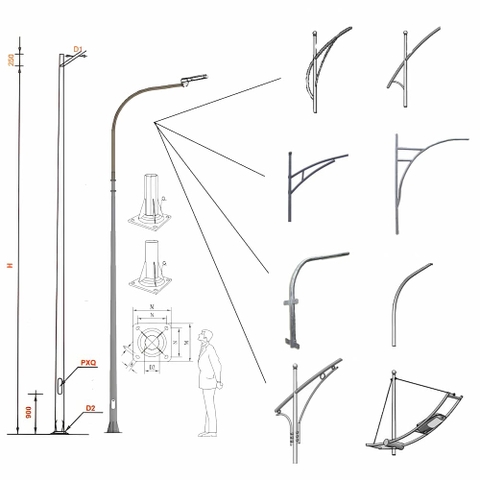 Cột Đèn Cao Áp Chiếu Sáng Rời Cần Đơn 1 bóng cao từ 6m đến 12m loại Bát Giác hoặc Tròn Côn