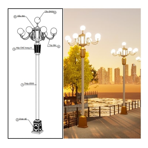 Cột Đèn Công Viên ZALAA Sản Xuất Theo Yêu Cầu ZCV-H8000xD2800 x8 Tay Đèn Cầu D400