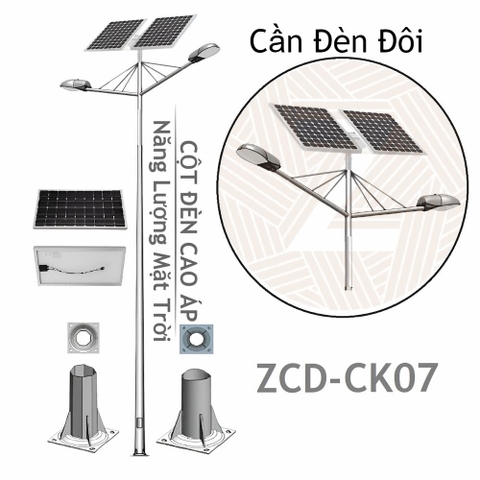 Cột Đèn Đường Cao Áp Năng Lượng Mặt Trời ZCD-CK07 Cần Đèn Kép 2 tấm Pin Solar Panel