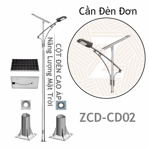 Cột Đèn Đường Cao Áp Năng Lượng Mặt Trời ZCD-CD02 Cần Đèn Đơn 1 tấm Pin Solar Panel
