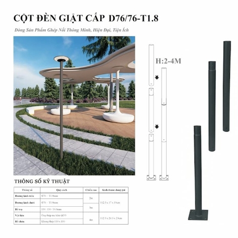 Cột Đèn Ghép Nối Thông Minh ZALAA - Giật Cấp D76/76 T1.8mm, Ống thép mạ kẽm Q235