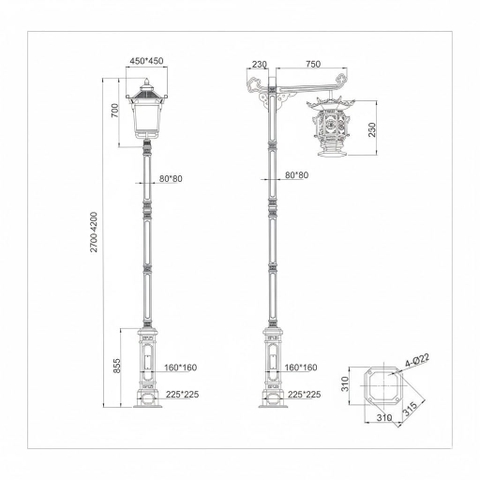 Cột Đèn Sân Vườn Châu Âu Cổ Điển ZALAA (2.7m - 4.2m) - Đầu Đèn Mái Đình, Thân Thép Tấm Dập Khuôn | ZSL-GLP-EC-EU003A
