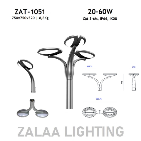 Đầu Cột Đèn Chiếu Sáng Công Viên Kiểu Dáng Hiện Đại ZAT-1051 30-60W, H3-6m ZALAA  Hướng Smart City