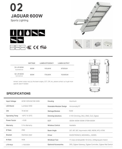 Đèn Chiếu Sáng Sân Thể Thao Thông Minh Jaguar ZSG-Jr 150W đến 1500W Zalaa/Soga Smart Lighting