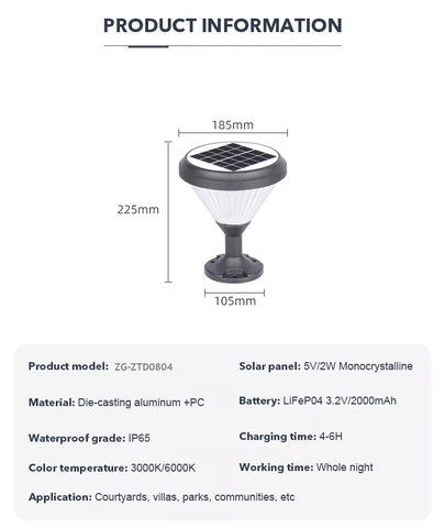 Đèn Gắn Trụ Cột Hàng Rào Ngoài Trời sử dụng Năng Lượng Mặt Trời chiếu sáng Zalaa ZG-ZTD0804