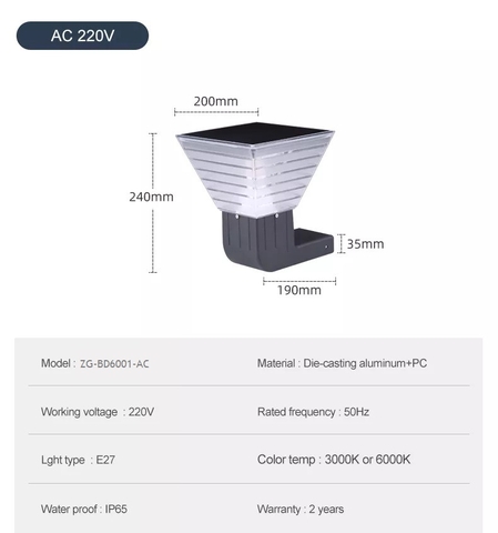 Đèn Tường Sân Vườn Năng Lượng Mặt Trời ZG-BD6001 ZALAA Garden Lights