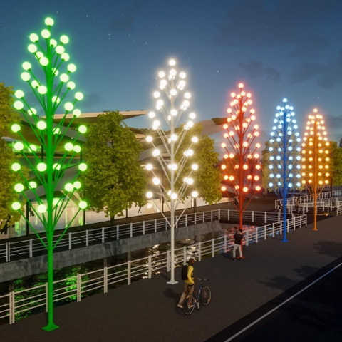 Cột Đèn Trang Trí Kiểu Dáng Cây Thông Cao 10M Với 45 Tay Đèn Quả Cầu D250