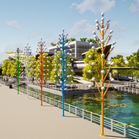 Đèn LED Cây Thông Cao 10M Với 45 Tay Đèn Quả Cầu D250