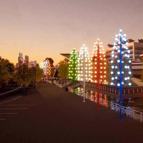 Cột Đèn Trang Trí Kiểu Dáng Cây Thông Cao 10M Với 45 Tay Đèn Quả Cầu D250