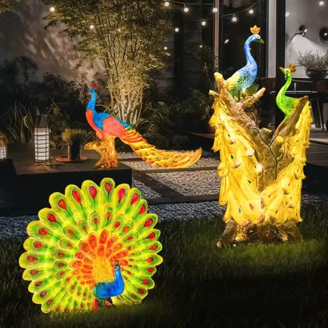Đèn LED Fiberglass Sợi Thủy Tinh Nhựa họa tiết 3D Chim Công Peacock phát sáng Zalaa dành cho Dự án Vườn Ánh Sáng