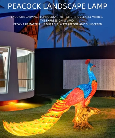 Đèn LED Fiberglass Sợi Thủy Tinh Nhựa họa tiết 3D Chim Công Peacock phát sáng Zalaa dành cho Dự án Vườn Ánh Sáng