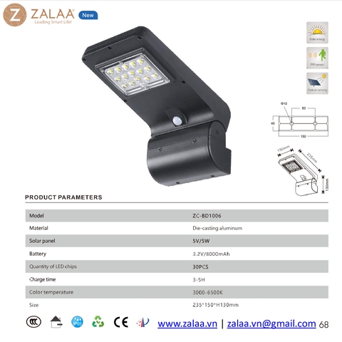 Đèn Treo Tường Sân Vườn Năng Lượng Mặt Trời Hiện Đại ZG-BD1006 ZALAA Garden Lights