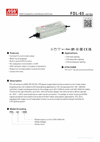 Nguồn Meanwell FDL-65 - LED Driver sử dụng cho Đèn chiếu sáng Flood, Decorative, Architectural