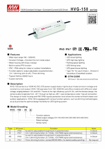 Nguồn Meanwell HVG-150 | LED Driver sử dụng cho Đèn LED ngoài trời từ 150W