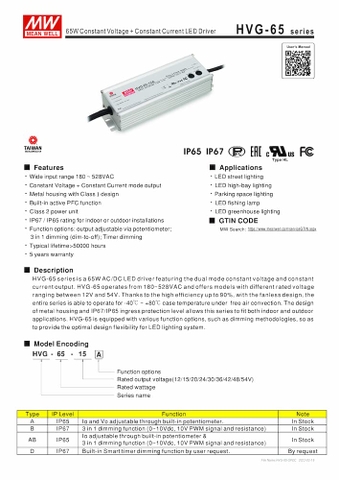 Nguồn Meanwell HVG-65 | LED Driver sử dụng cho Đèn LED ngoài trời từ 60W đến 65W