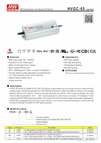 Nguồn Meanwell HVGC-65 | LED Driver sử dụng cho Đèn LED ngoài trời từ 65W