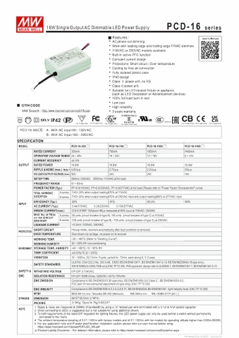 Nguồn Meanwell PCD-16 - LED Driver sử dụng cho Đèn chiếu sáng trong nhà