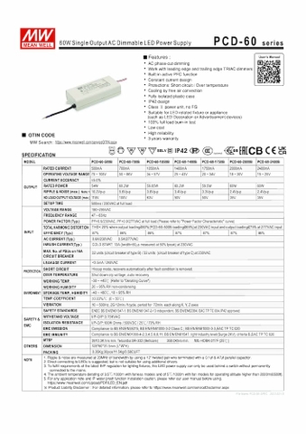 Nguồn Meanwell PCD-60 - LED Driver sử dụng cho Đèn chiếu sáng trong nhà