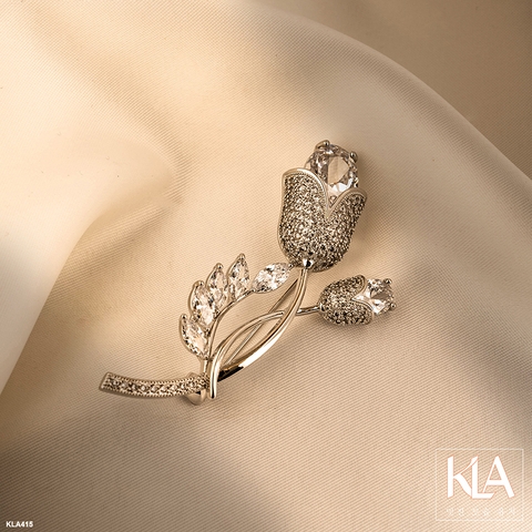 Trâm Cài Áo Cao Cấp KLA Luxury Gifts KLA415 Hình Bông Hoa Tuylip Màu Bạc Đính Đá Moissanite Lấp Lánh