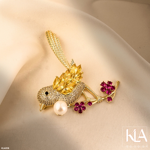 Trâm Cài Áo Cao Cấp KLA Luxury Gifts KLA316 Hình Chim Sẻ Vàng Đính Đá Moissanite Và Ngọc Trai Nhân Tạo Lấp Lánh