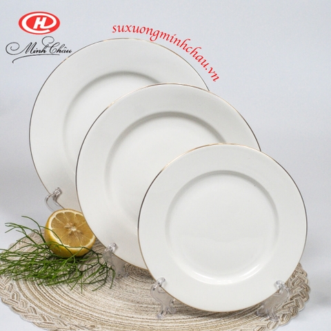 Đĩa Tròn Cạn Sứ Minh Châu Cao Cấp Viền Vàng 12K [NHIỀU SIZE]