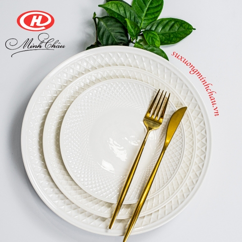 Đĩa Tròn Cạn Vằn Viền Sần Trắng Trơn Sứ Minh Châu Cao Cấp [ nhiều size]