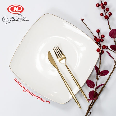 Đĩa Vuông Sứ Minh Châu Cao Cấp Viền Vàng 12K [Nhiều size]