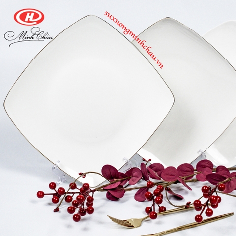 Đĩa Vuông Viền Vàng Sứ Minh Châu Cao Cấp Sứ Xương Siêu Nhẹ Vàng 12K