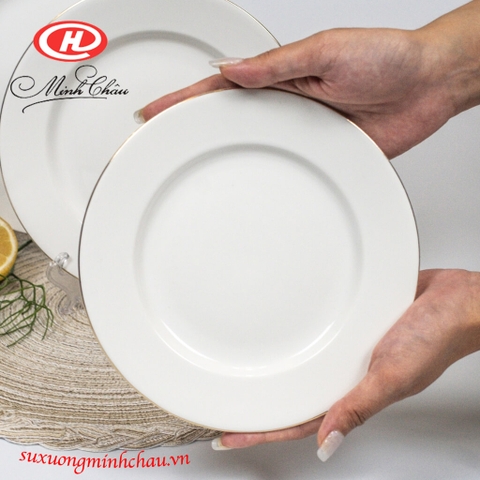 Đĩa Sứ Minh Châu Cao Cấp Tròn Dáng Bằng Trắng Trơn, Vàng 12K ( Nhiều Size)