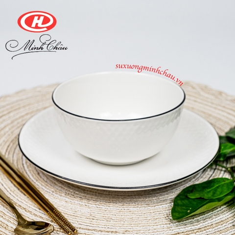 Bộ 3 Bát Cơm Viền Sần Vằn Kiểu Pháp Sứ Minh Châu Cao Cấp Viền Trắng Và Viền Đen