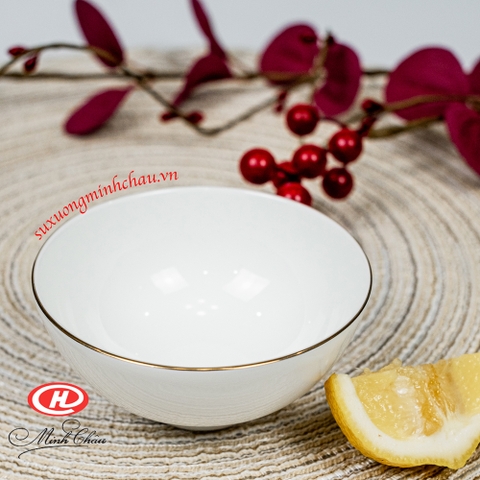 Bát Chấm Sứ Xương Minh Châu Cao Cấp Siêu Nhẹ BONE-C03 (Trắng, Viền vàng)