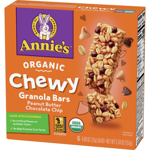 Thanh Ngũ Cốc Bơ Đậu Phộng Socola Hữu Cơ Annie's Organic Peanut Butter Chocolate Chewy Granola Bars, Hộp 6 Thanh x 25g