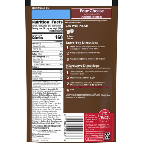 Khoai Tây Nghiền 4 Vị Phô Mai Betty Crocker Four Cheese Mashed Potatoes, Gói 113g (4 Oz.)