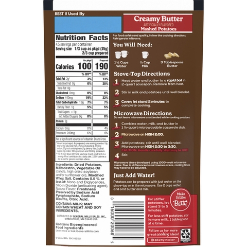 Khoai Tây Nghiền Bơ Kem Betty Crocker Creamy Butter Mashed Potatoes, Gói 113g (4 Oz.)